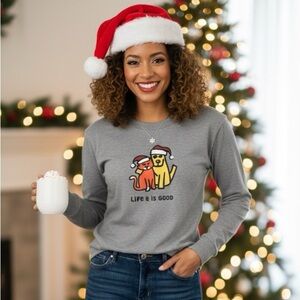 Life is Good Christmas Sweater S | Dog Cat Santa Hat Letterman Patch Holiday